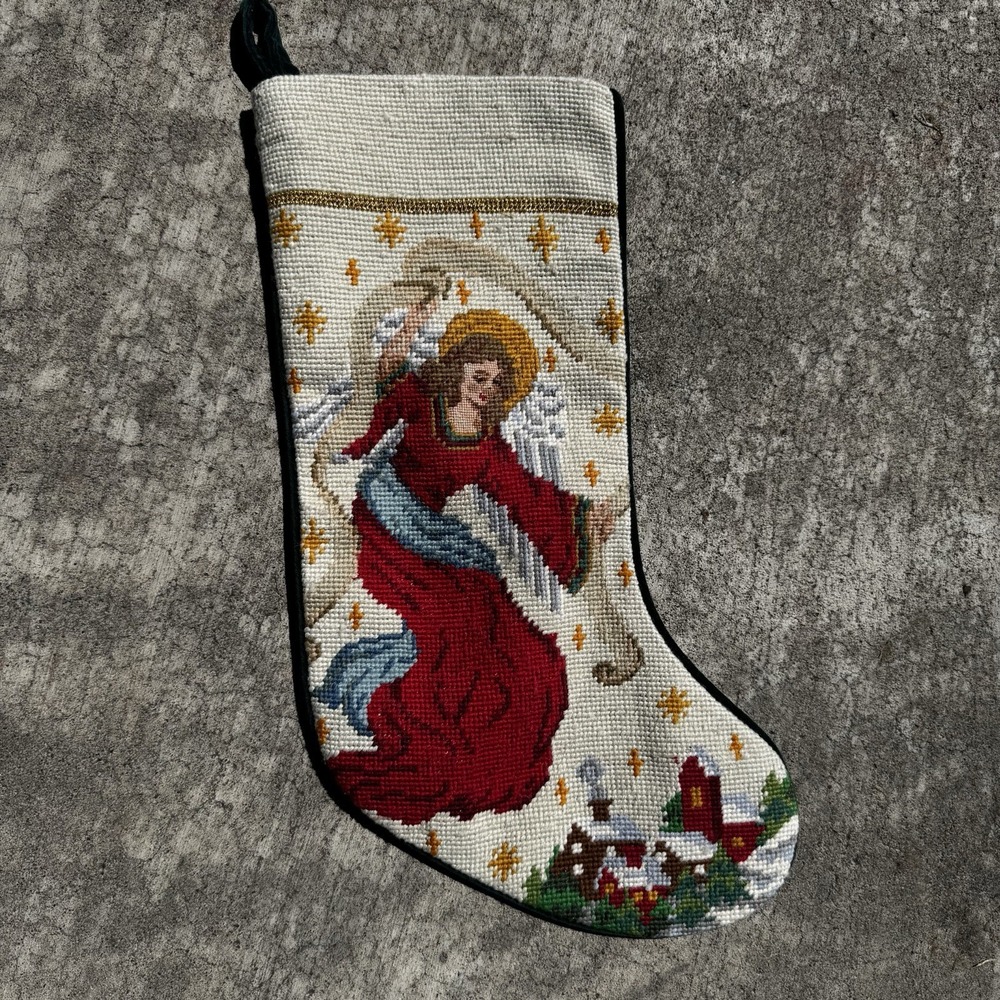 Vintage Needlepoint Christmas Stocking Angel Village Green Velvet Back 18"